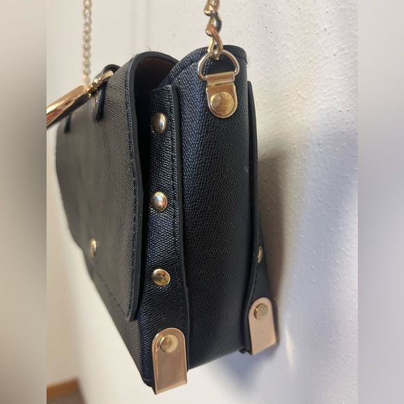 Black Handbag with Gold Accents Versatile Gold Studded Leather Shoulder Bag - Picture 9 of 15